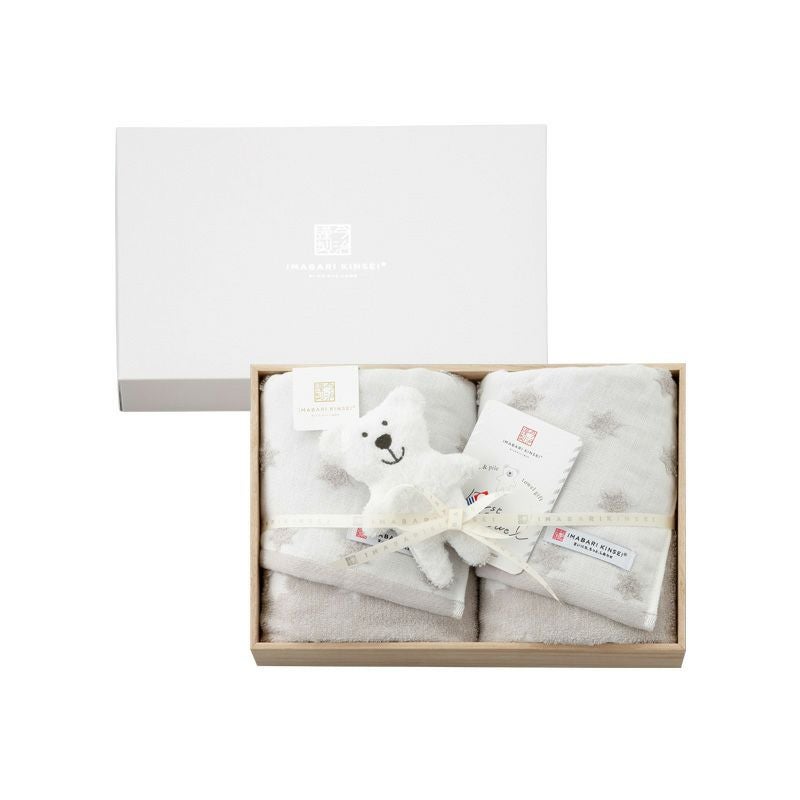 今治謹製 First towel　木箱入り　フェイスタオル2枚・にぎにぎ(鈴入り)1点セット　FS7750　グレー　(今治産)