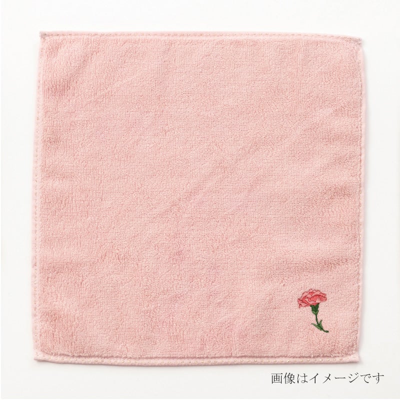 今治謹製 はんかちたおる カーネーションの刺繍入り（ピンク） 約25×25